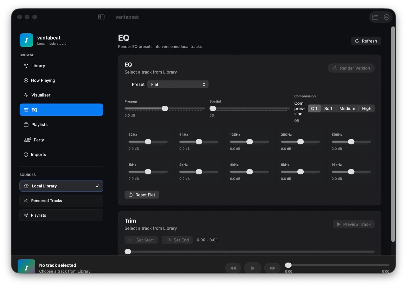 MediaPlayer EQ screen with audio controls and rendering options.