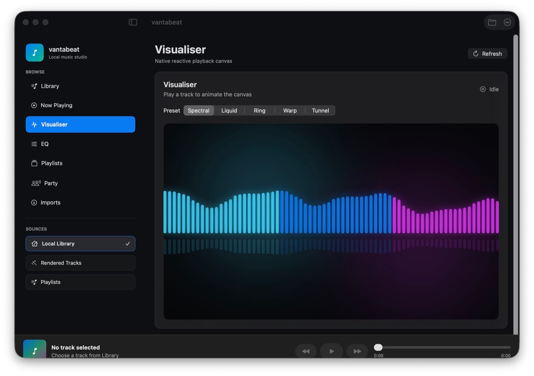 MediaPlayer visualizer screen with reactive audio bars.