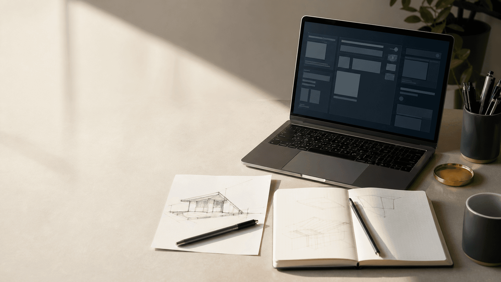A focused workspace with a laptop, notebook, sketches, and daylight.