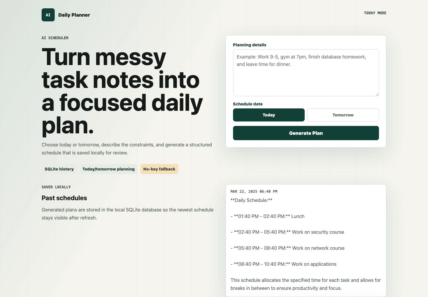 AI Daily Planner interface with task notes, today/tomorrow controls, and saved schedule history.