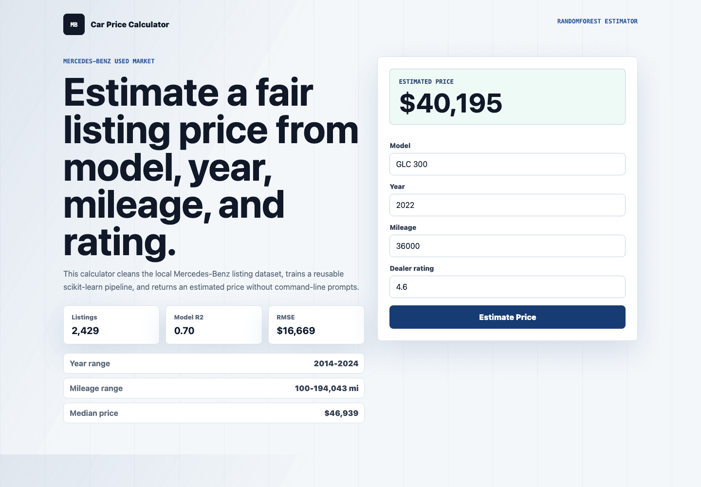 Car Price Calculator interface showing a predicted Mercedes-Benz listing price and model metrics.